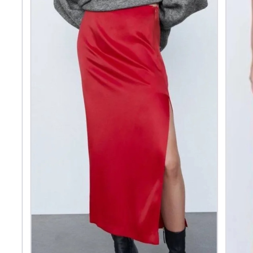 Zara Satin Effect Midi Skirt Red size XS